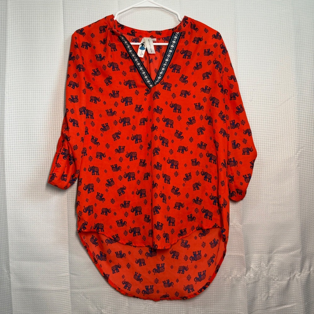 Society Girl Tunic Blouse Large Orange‎ Elephant Print Roll-Tab Sleeve